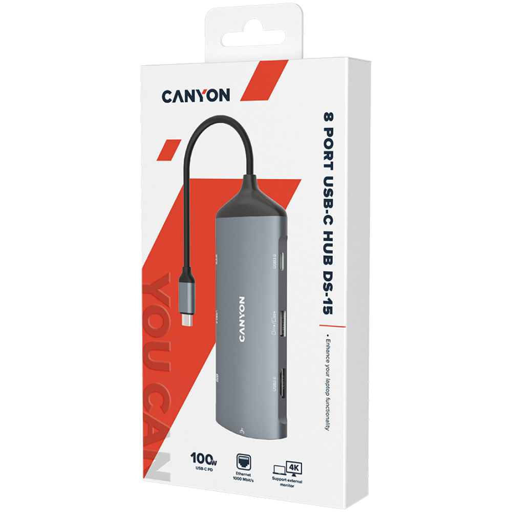 Hub 8 w 1 4K USB-C stacja dokująca Canyon DS-15 szary