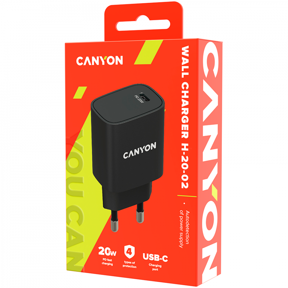 Canyon H-20-02 20W USB-C PD Netzladegerät für Telefone, schwarz