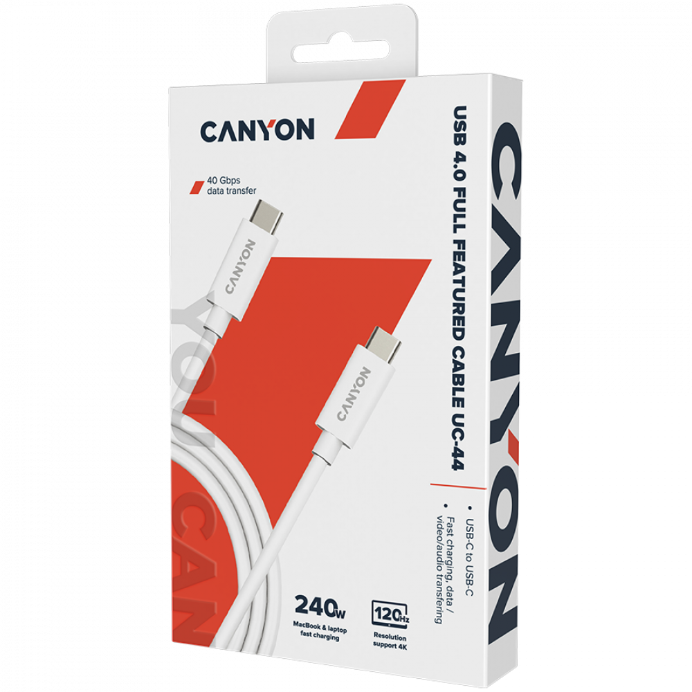 Kabel USB C do USB C 240W 40Gbps 4K 1m Canyon UC 44 biały