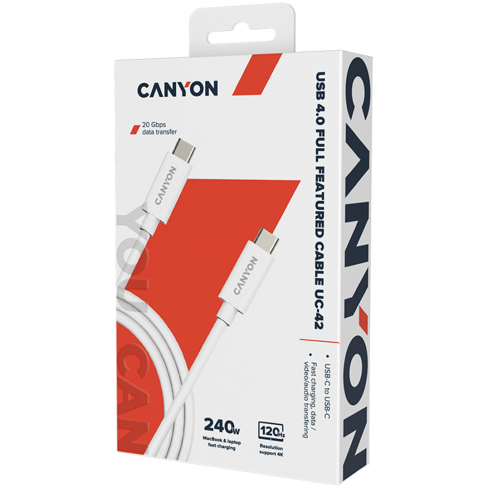 Kabel USB-C do USB-C 240W 20Gbps 4K 2m Canyon UC-42 biały