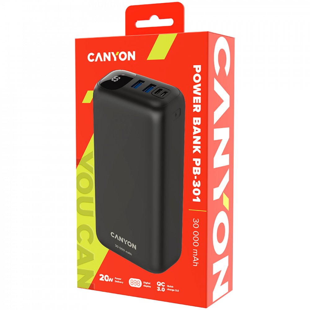 Powerbank 30000 mAh PD 20W QC 3.0 LED Canyon PB 301 schwarz