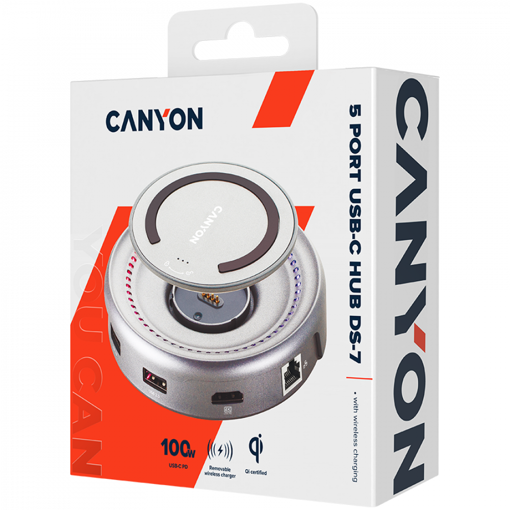 Hub USB C 7w1 z ładowaniem Qi Canyon DS 7 szary