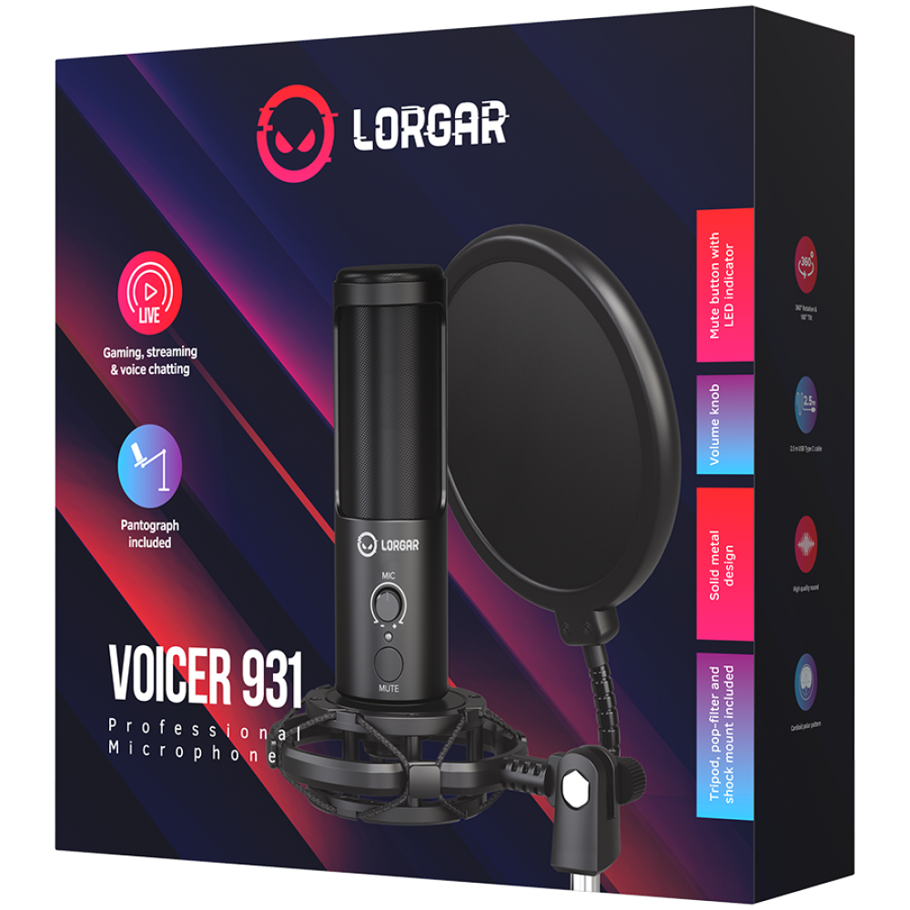 USB-Gaming-Mikrofon Lorgar Voicer 931 schwarz mit Ständer