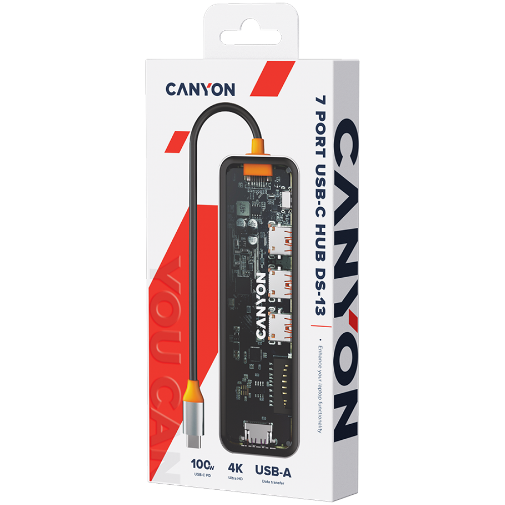 Hub 7 w 1 USB C 4K przenośny Canyon DS 13 transparentny