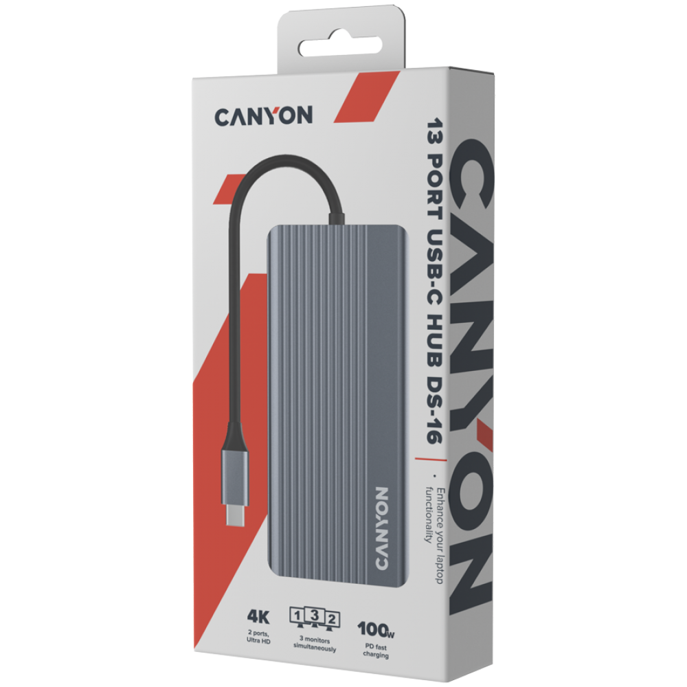 HUB 13 w 1 4K USB-C przenośny Canyon DS-16 szary