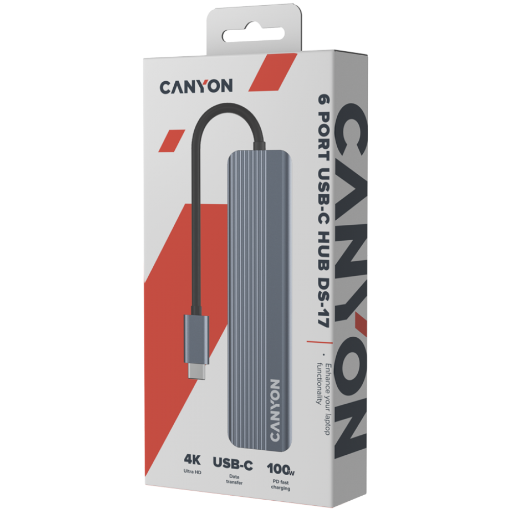 Hub 6in1 4K USB-C Dockingstation Canyon DS-17 grau