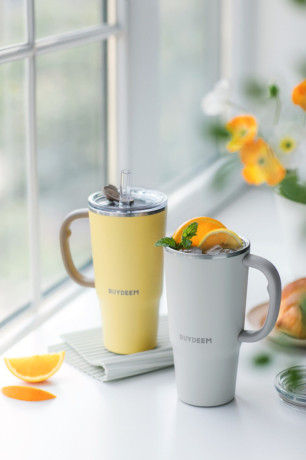 Kubek termiczny ze słomką 700 ml Buydeem DS57 owsiany biały