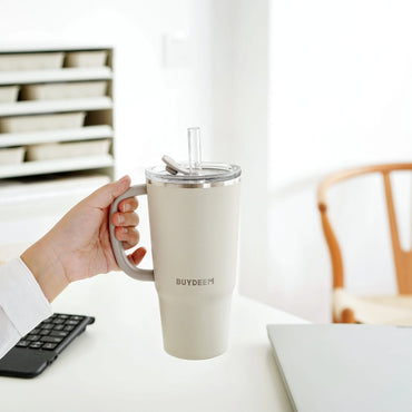 Kubek termiczny ze słomką 700 ml Buydeem DS57 owsiany biały