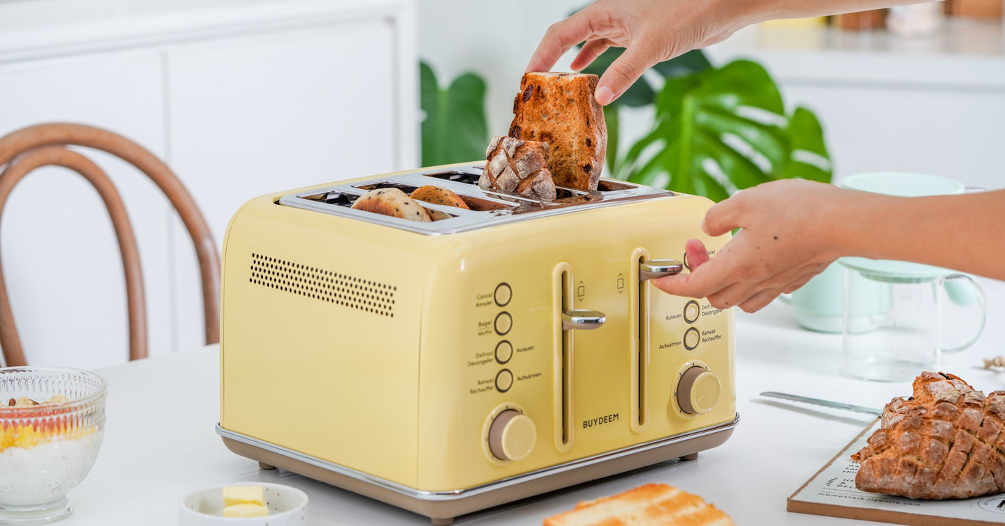 Buydeem DT640E 4-Schlitz-Toaster mit Auftaufunktion, Pastellgelb