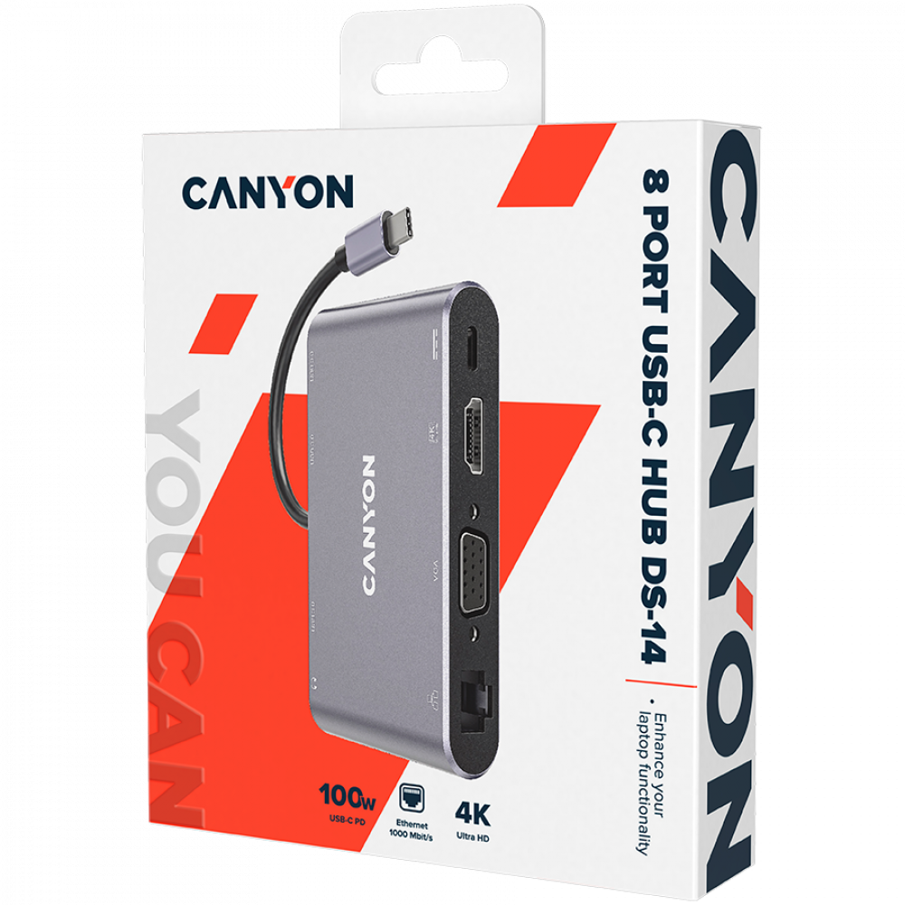 Canyon DS-14 Grey 8-in-1 4K USB-C Portable Hub