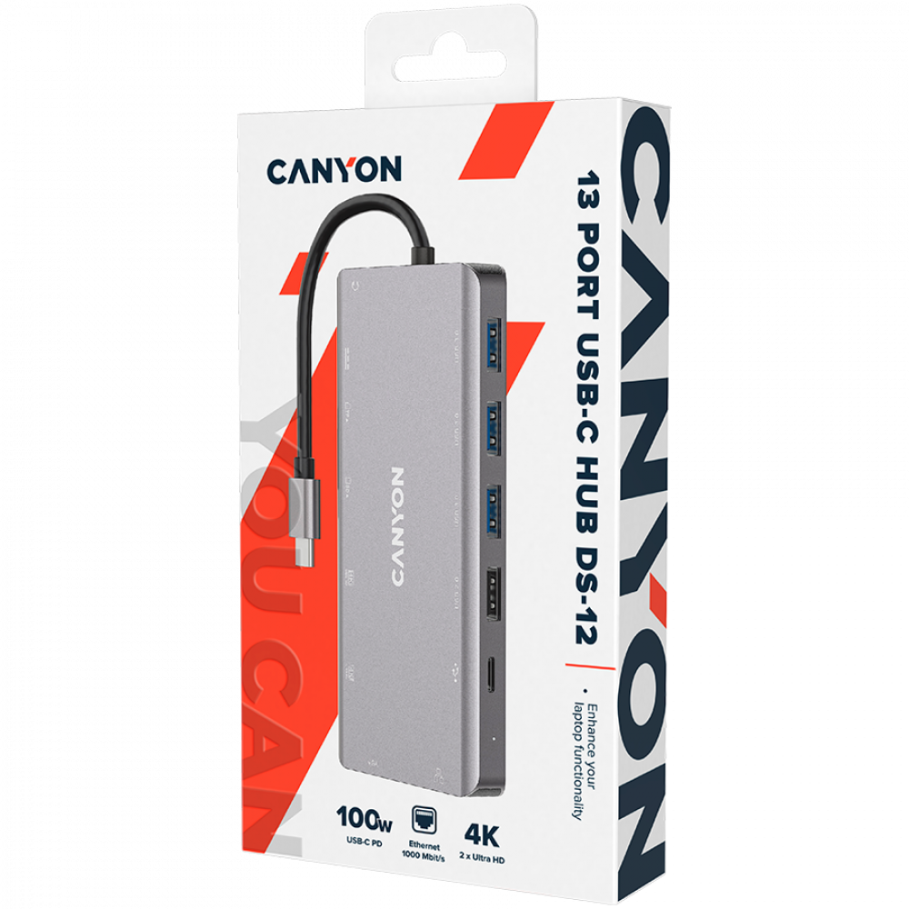Hub 13 w 1 4K USB-C przenośny Canyon DS-12 szary