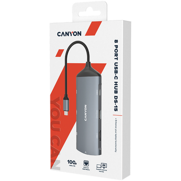 Hub 8 w 1 4K USB-C stacja dokująca Canyon DS-15 szary