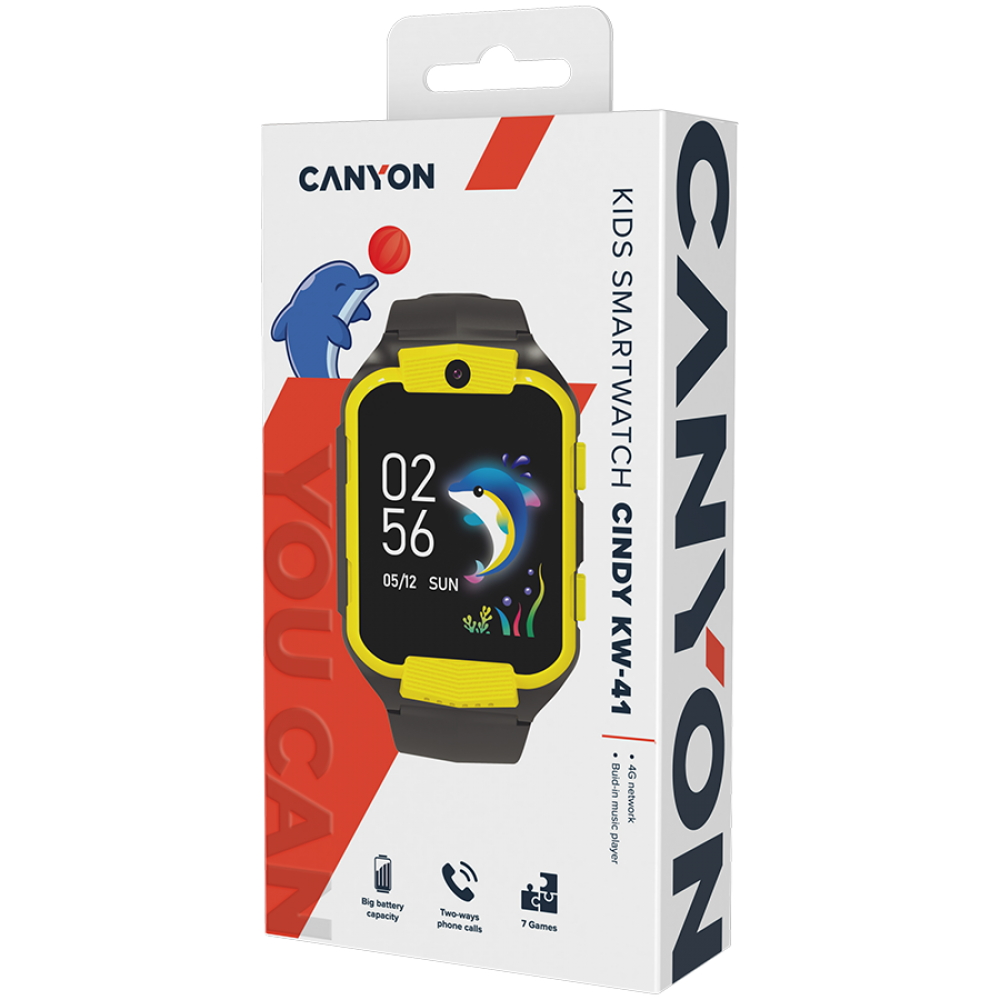 Smartwatch 4G für Kinder mit Kamera und Musik Canyon KW 41 Gelb Schwarz