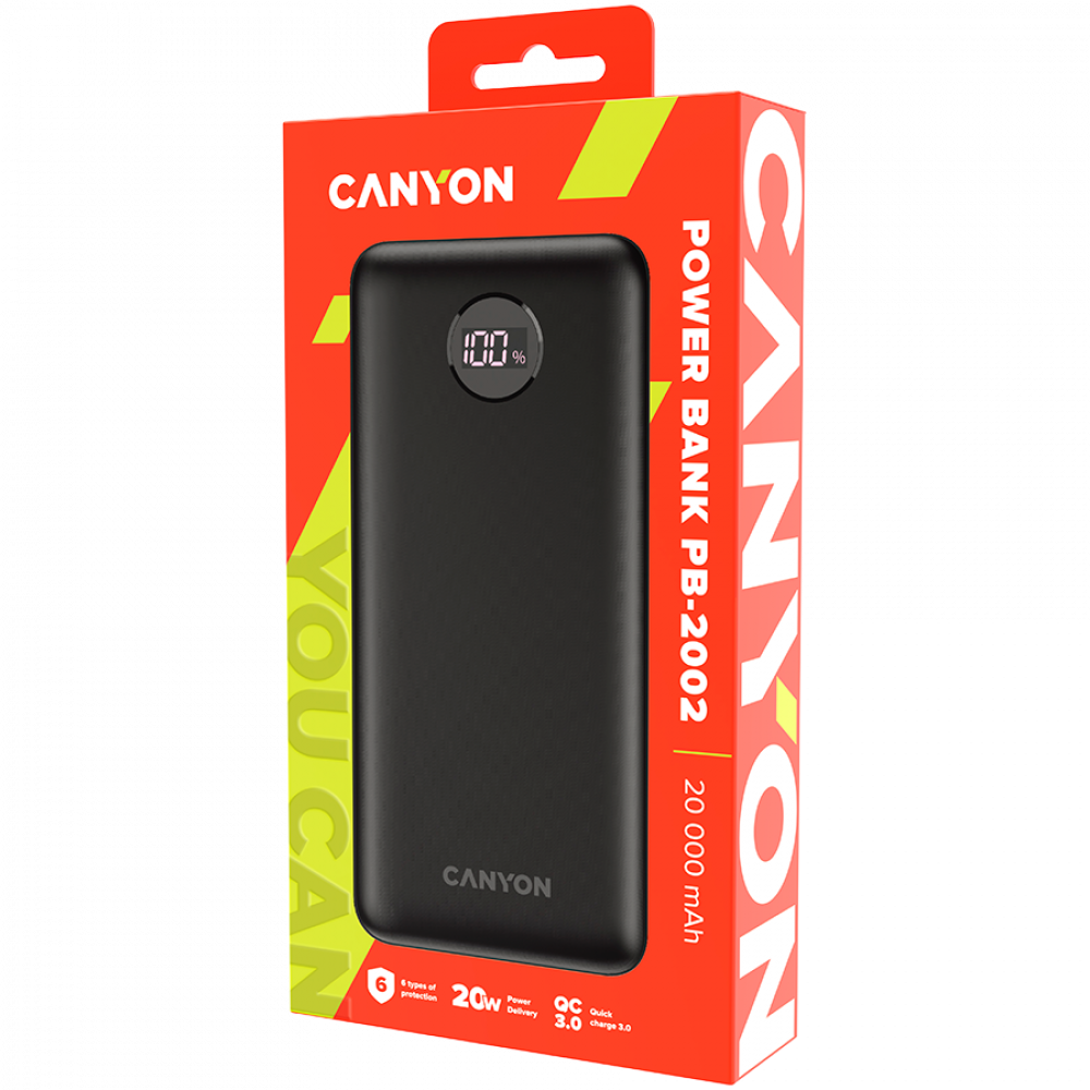 Powerbank 20000 mAh PD 20W QC 3.0 LED Canyon PB 2002 schwarz