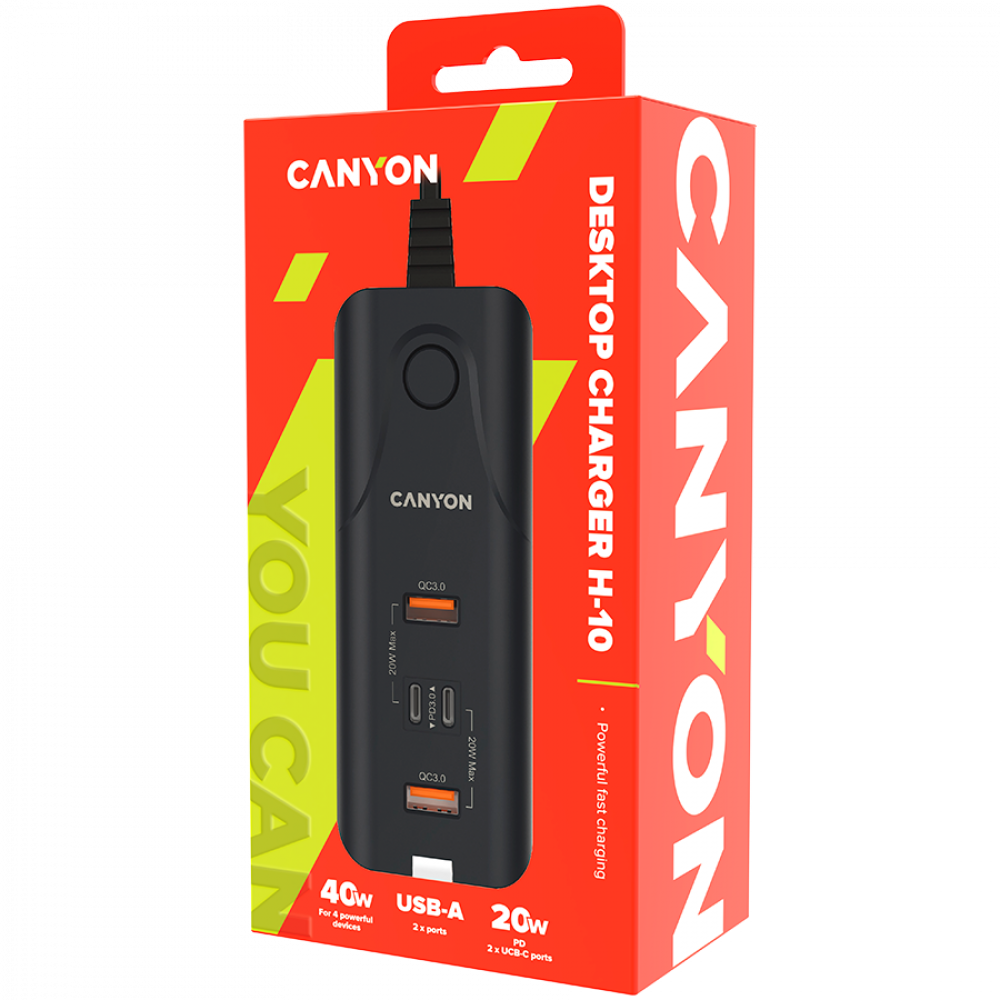 20W PD QC3.0 2×USB-A 2×USB-C Canyon H-10 Netzladegerät, schwarz