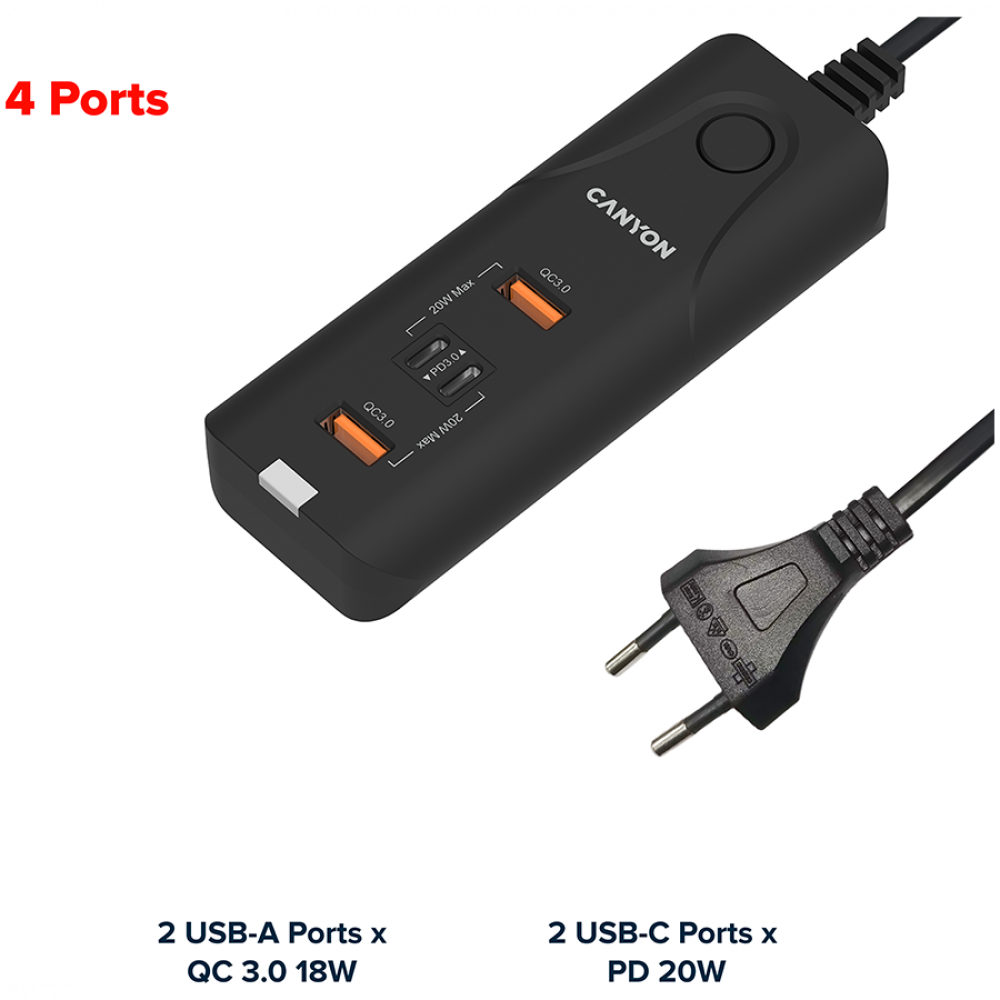 20W PD QC3.0 2×USB-A 2×USB-C Canyon H-10 Netzladegerät, schwarz