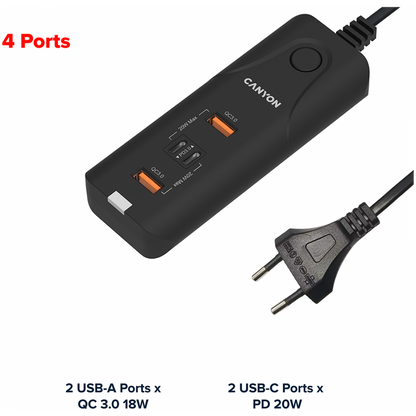 20W PD QC3.0 2×USB-A 2×USB-C Canyon H-10 Netzladegerät, schwarz