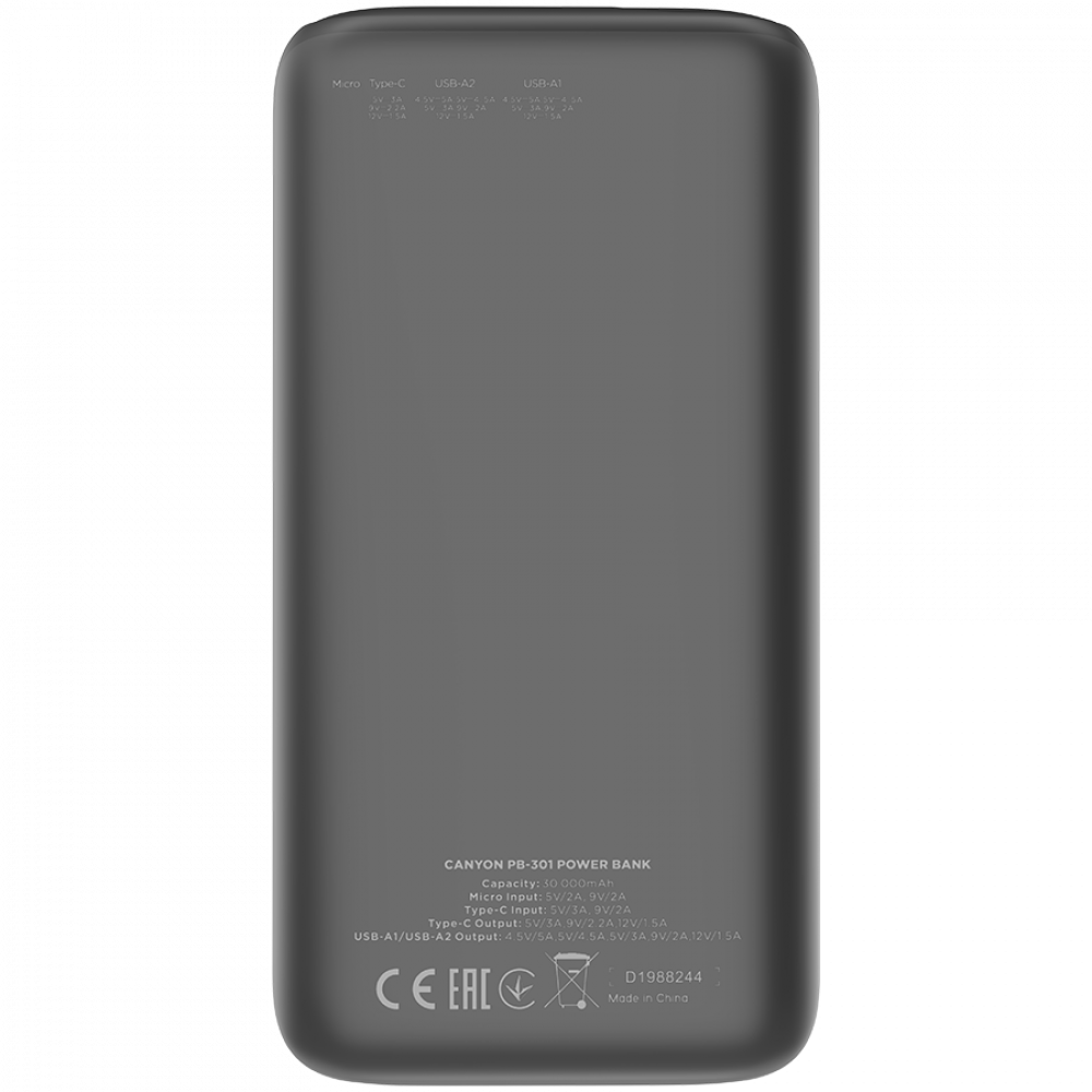 Powerbank 30000 mAh PD 20W QC 3.0 LED Canyon PB 301 schwarz