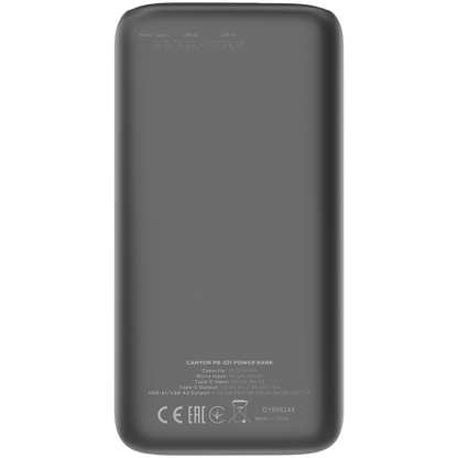 Powerbank 30000 mAh PD 20W QC 3.0 LED Canyon PB 301 schwarz