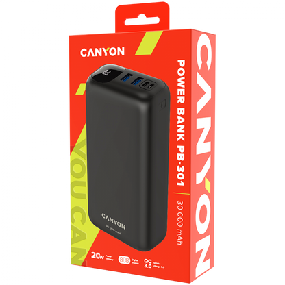Powerbank 30000 mAh PD 20W QC 3.0 LED Canyon PB 301 schwarz