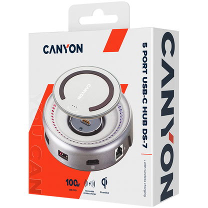 Hub USB C 7w1 z ładowaniem Qi Canyon DS 7 szary