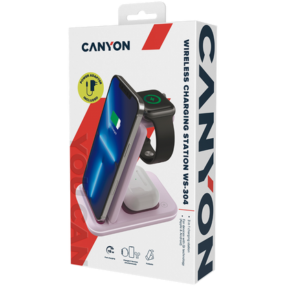 Ładowarka bezprzewodowa 15W 3w1 Canyon WS-304 różowy
