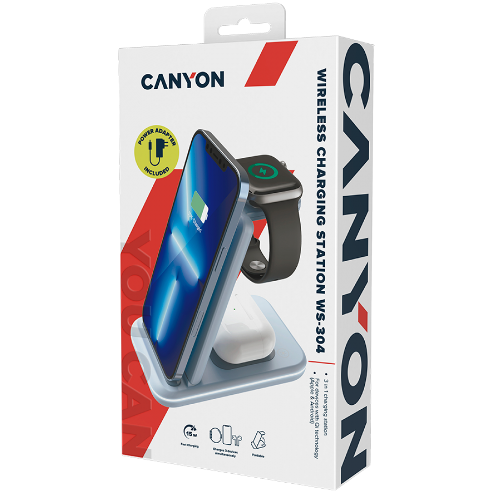 Ładowarka bezprzewodowa 15W 3w1 Canyon WS-304 niebieska