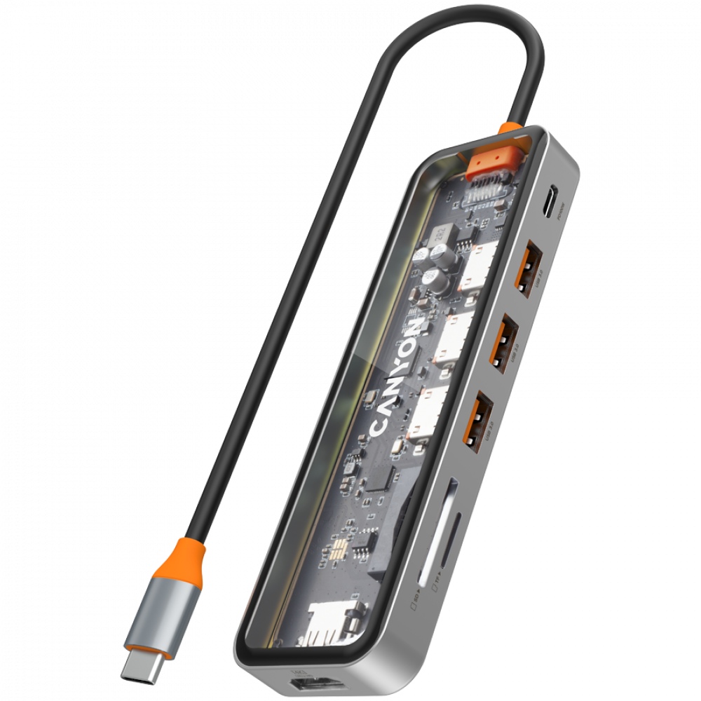 Hub 7 w 1 USB C 4K przenośny Canyon DS 13 transparentny