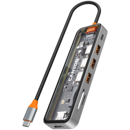 Hub 7 w 1 USB C 4K przenośny Canyon DS 13 transparentny