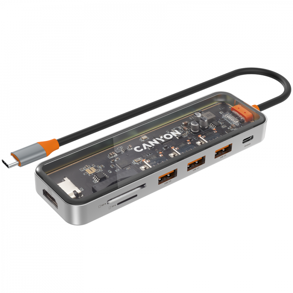 Hub 7 w 1 USB C 4K przenośny Canyon DS 13 transparentny
