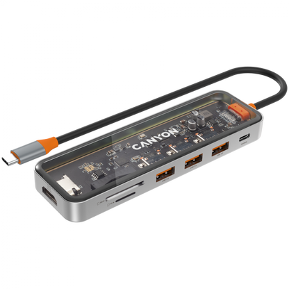 Hub 7 w 1 USB C 4K przenośny Canyon DS 13 transparentny