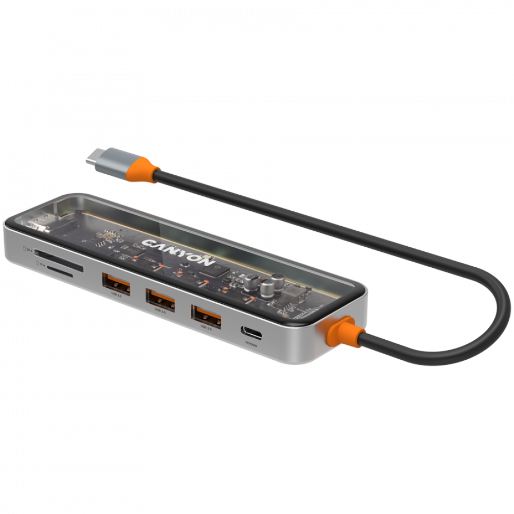 Hub 7 w 1 USB C 4K przenośny Canyon DS 13 transparentny