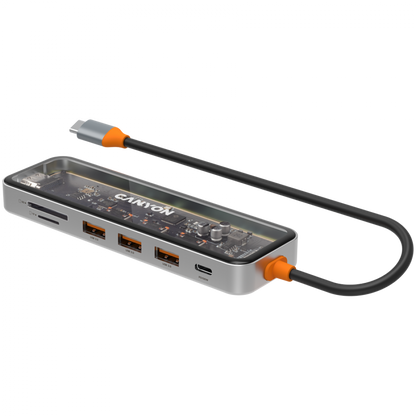 Hub 7 w 1 USB C 4K przenośny Canyon DS 13 transparentny