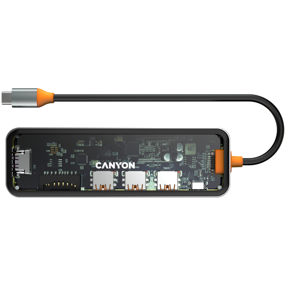 Hub 7 w 1 USB C 4K przenośny Canyon DS 13 transparentny