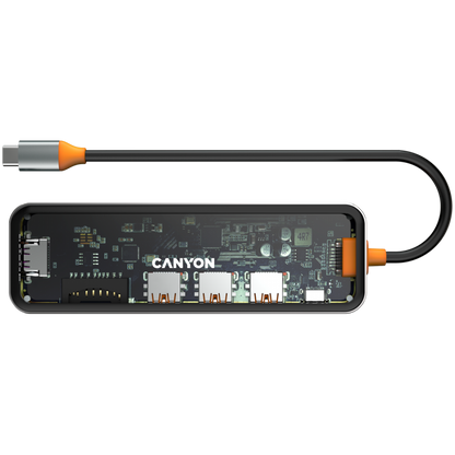 Hub 7 w 1 USB C 4K przenośny Canyon DS 13 transparentny