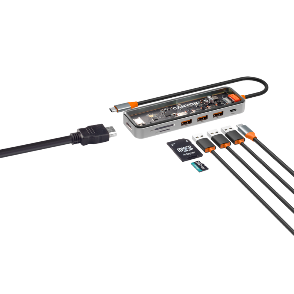 Hub 7 w 1 USB C 4K przenośny Canyon DS 13 transparentny