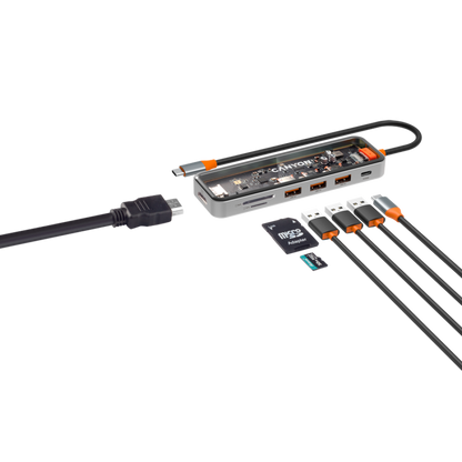 Hub 7 w 1 USB C 4K przenośny Canyon DS 13 transparentny