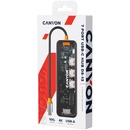 Hub 7 w 1 USB C 4K przenośny Canyon DS 13 transparentny