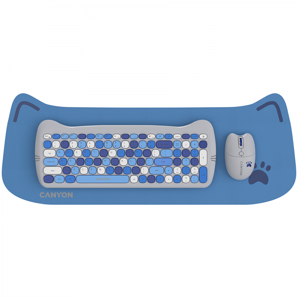Canyon HSET-W6 Blue Keyboard and Mouse Set with Cat Theme and Mouse Pad
