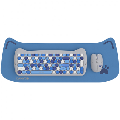 Canyon HSET-W6 Blue Keyboard and Mouse Set with Cat Theme and Mouse Pad