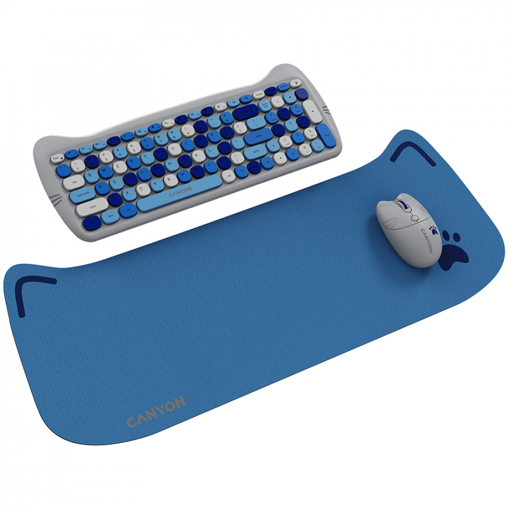 Canyon HSET-W6 Blue Keyboard and Mouse Set with Cat Theme and Mouse Pad