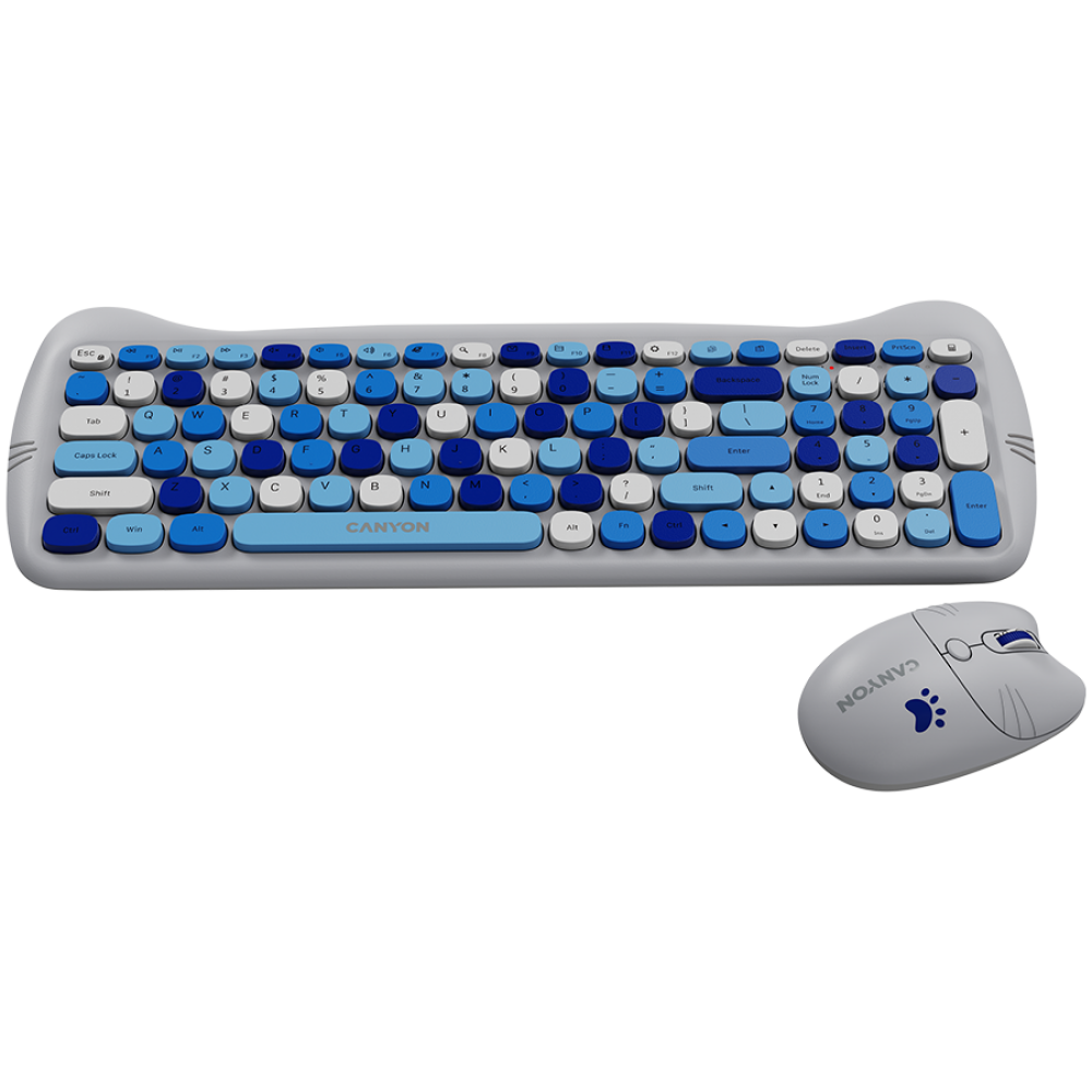 Canyon HSET-W6 Blue Keyboard and Mouse Set with Cat Theme and Mouse Pad