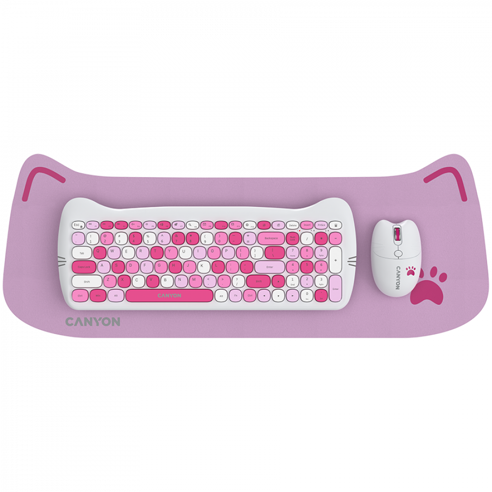 Canyon HSET-W6 pink keyboard and mouse set with cat design and mouse pad