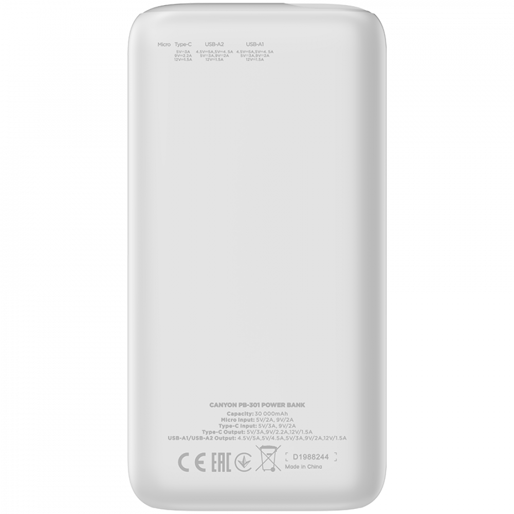 Power bank 30000 mAh PD 20W QC 3.0 with LED Canyon PB-301 white