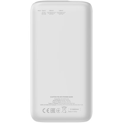 Power bank 30000 mAh PD 20W QC 3.0 with LED Canyon PB-301 white