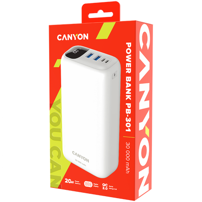 Power bank 30000 mAh PD 20W QC 3.0 with LED Canyon PB-301 white