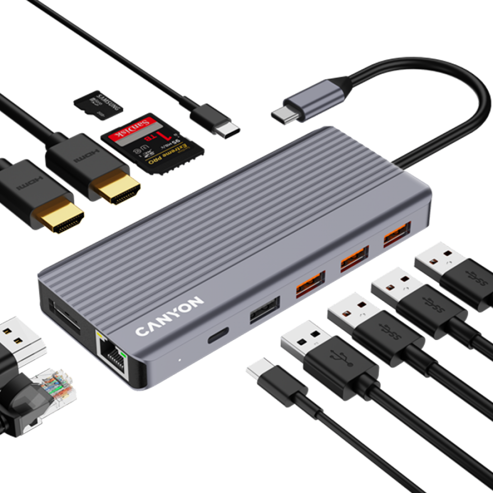 HUB 13 w 1 4K USB-C przenośny Canyon DS-16 szary