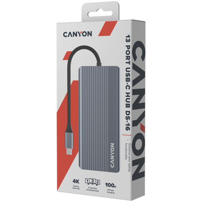 HUB 13 w 1 4K USB-C przenośny Canyon DS-16 szary