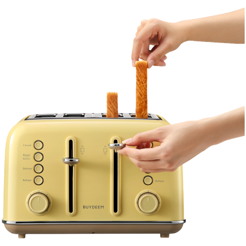 Buydeem DT640E 4-Schlitz-Toaster mit Auftaufunktion, Pastellgelb