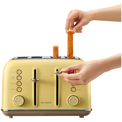 Buydeem DT640E 4-Schlitz-Toaster mit Auftaufunktion, Pastellgelb